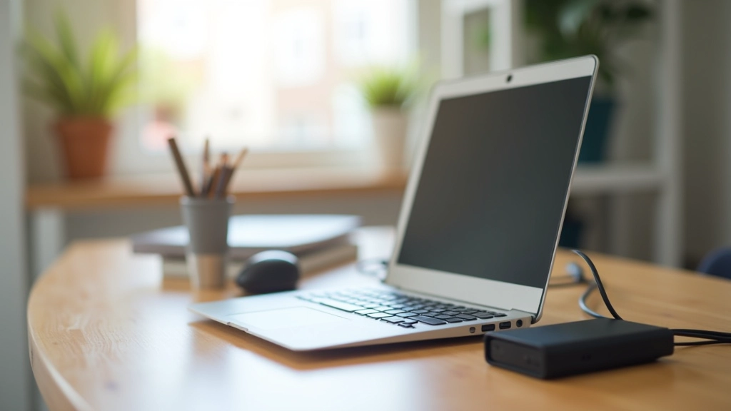 Portátil moderno en escritorio con cables de transferencia de datos organizados
