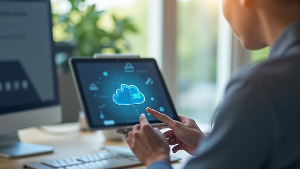 Persona usando aplicación de nube en tablet mientras ordenador sincroniza en segundo plano
