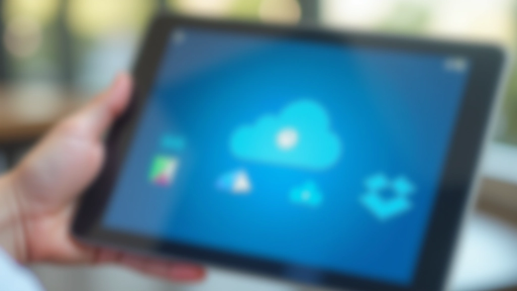 Pantalla de tablet mostrando diferentes aplicaciones de almacenamiento en nube organizadas en carpetas de colores